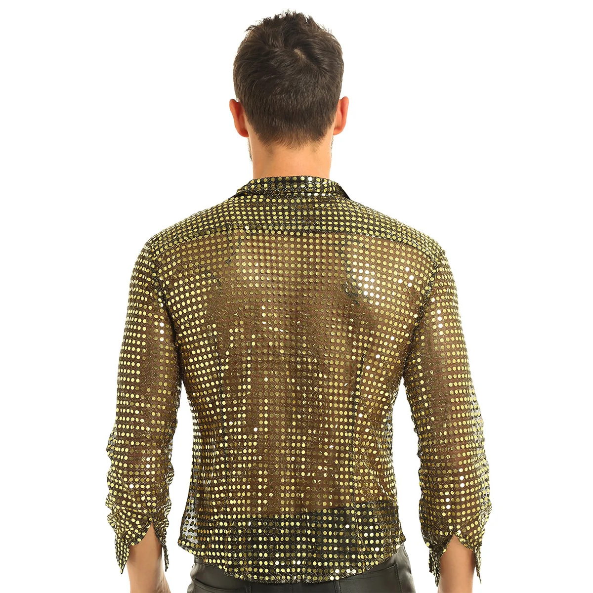 Mens Tuxedo Shirts Shiny Sequins See Through Mesh Long Sleeve Clubwear - Image 7