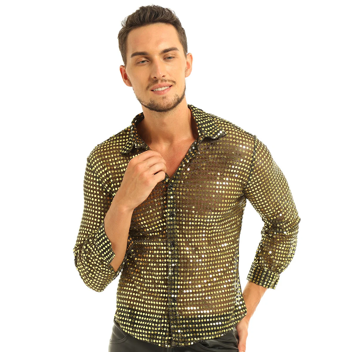 Mens Tuxedo Shirts Shiny Sequins See Through Mesh Long Sleeve Clubwear - Image 8