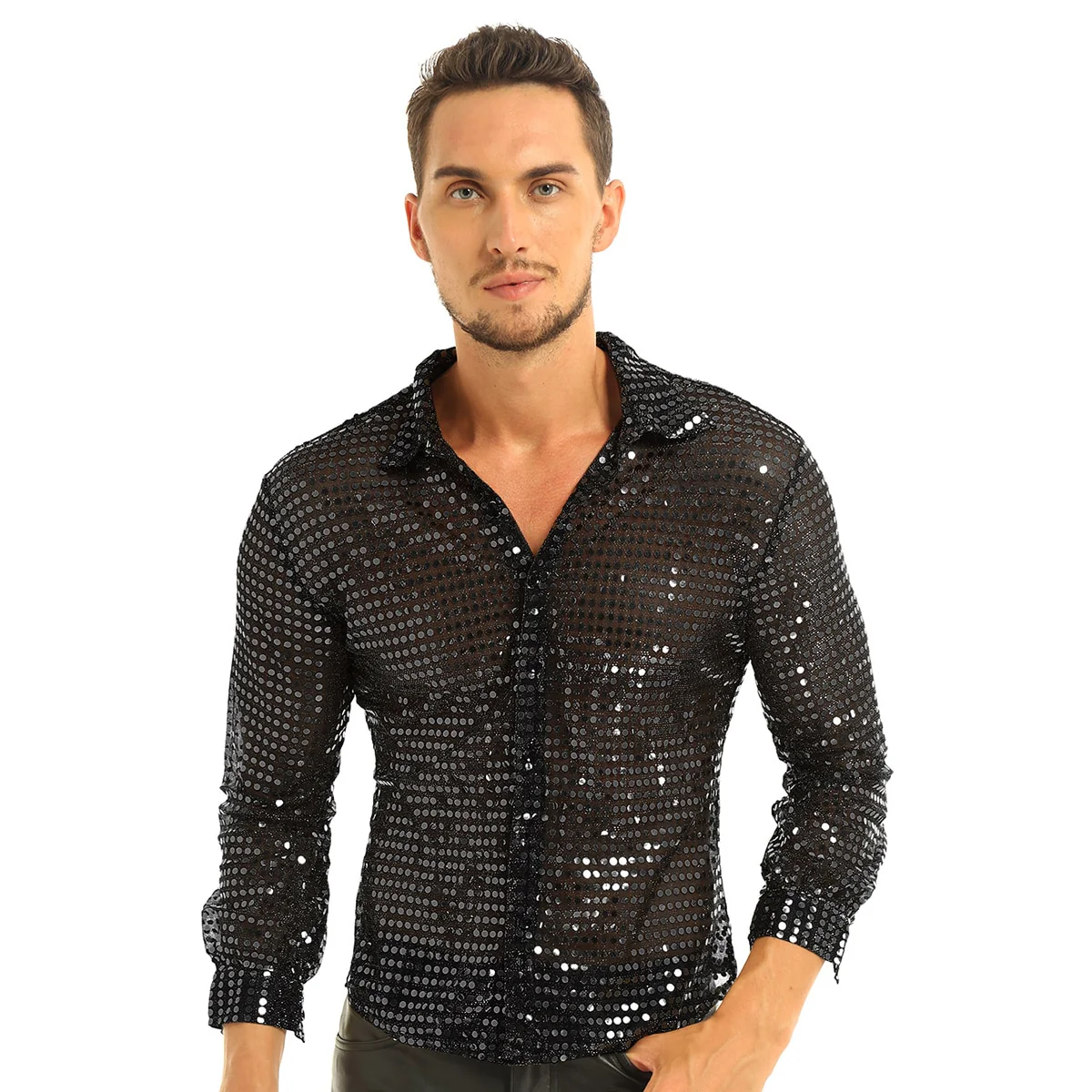 Mens Tuxedo Shirts Shiny Sequins See Through Mesh Long Sleeve Clubwear - Image 9