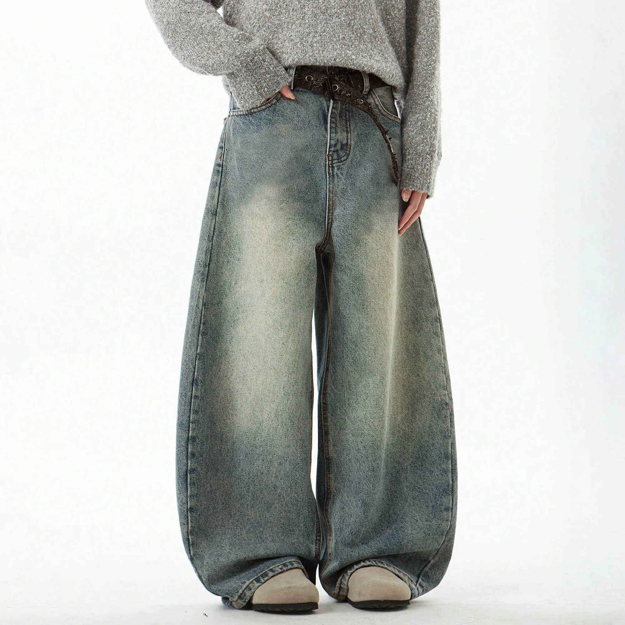 Men's Wear Blue Wide-Leg Denim Pants Baggy Jeans Vintage Three-Dimensional Cut Curved Knife Jeans Loose Fit Summer New Trend