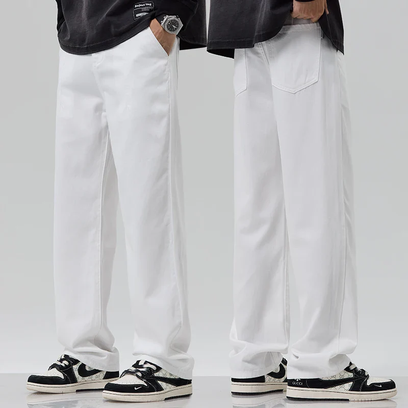 Men's White Jeans, Summer Thin Ice Silk Loose Straight Leg Wide Leg Pants, Fashionable Washed and Hanging Casual Versatile Pants - Image 4