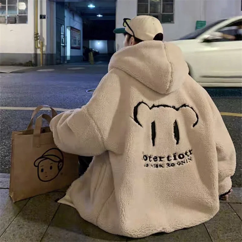 Men's Winter Jacket Oversized Hooded Coat Winter New Korean Fashion Preppy Style Loose Bear Embroidery Thickened Coat Jackets - Image 3
