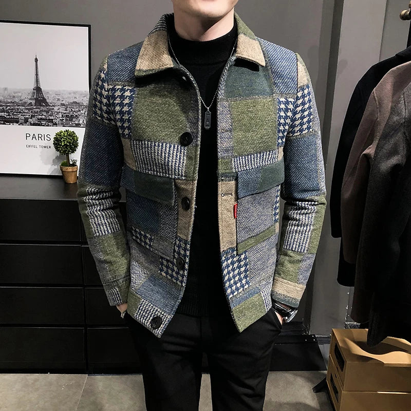 Mens Woolen Jacket 2023 Autumn Winter Fleece Warm Plaid Woolen Coat Streetwear Casual Slim Fit Jacket Coat Fashion Men Clothing - Image 3