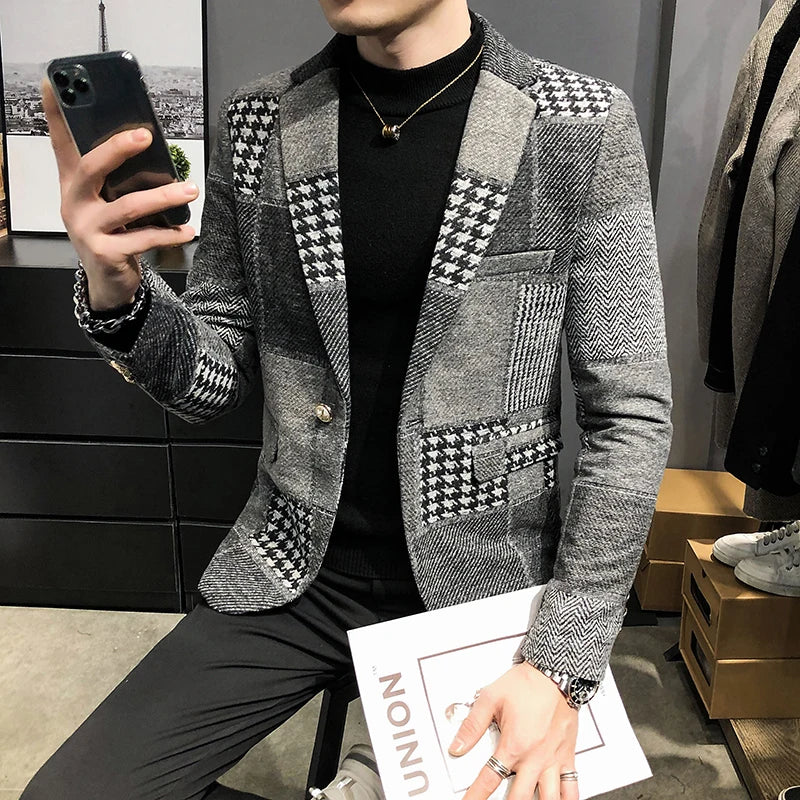 Mens Woolen Jacket 2023 Autumn Winter Fleece Warm Plaid Woolen Coat Streetwear Casual Slim Fit Jacket Coat Fashion Men Clothing - Image 4