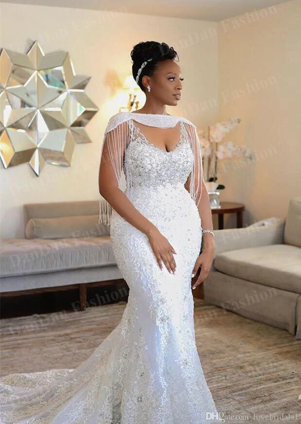 Mermaid Weddding Dreses Wrap Beading Crystal Lace Appliqued Sexy Bridal Gowns south African Plus Size Marriage Gowns - Image 2