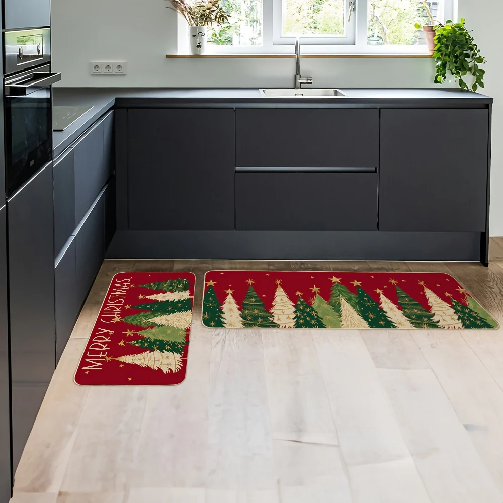 Merry Christmas Kitchen Mats Set Of 2, Red Xmas Tree Winter Farmhouse Style Home Kitchen Decorations Rugs For Floor- 17x29 And 17x47 Inch BT007 - Image 2