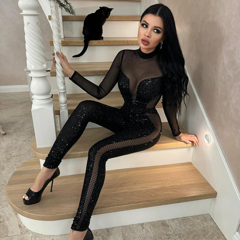 Mesh Patchwork Jumpsuits For Women Fashion Sexy Club Sequined Long Sleeves O-Neck Slim Fit See Through Romper Female Streetwear - Image 12