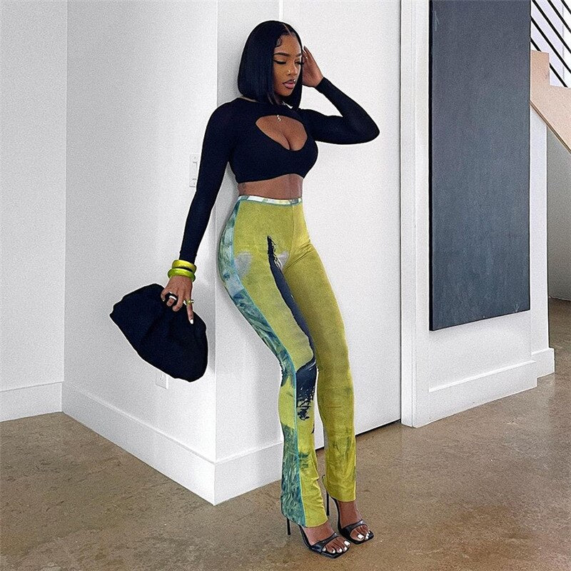 Mesh Print Aesthetic Women Pants Y2k Streetwear High Waist Micro Flared Slim Fit Trousers Casual Fashion Party Clubwear - Image 2