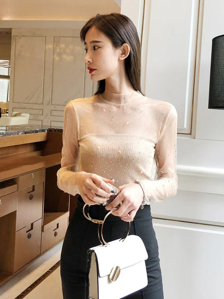 Mesh Sexy Woman T-shirt 2023 Top for Women Clothing Glitter Sequin Tshirt Rhinestone Xxl New in Funny Simple Cheap Stylish O Tee - Image 6