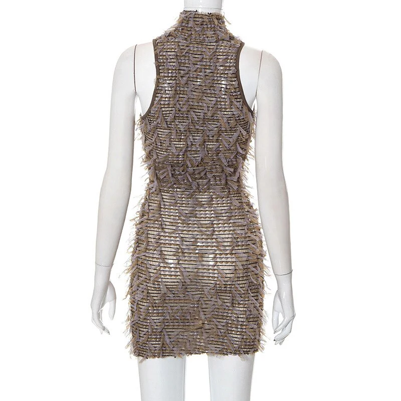 Mesh Tassel Bodycon Mini Party Dress Women Sexy High Neck Sleeveless Slim Night Clubwear Casual Streetwear Y2K Clothes - Image 3