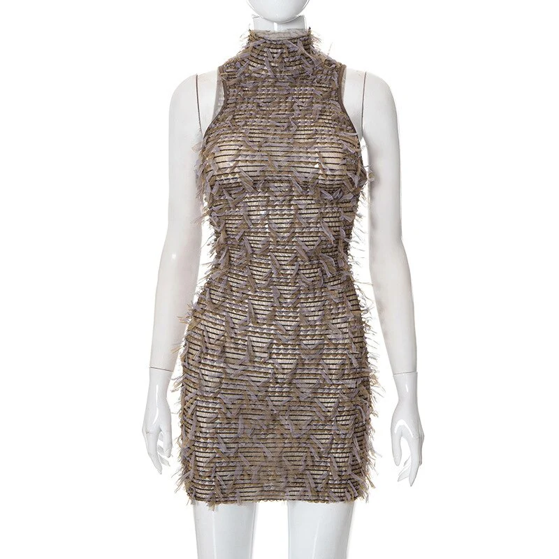 Mesh Tassel Bodycon Mini Party Dress Women Sexy High Neck Sleeveless Slim Night Clubwear Casual Streetwear Y2K Clothes - Image 7