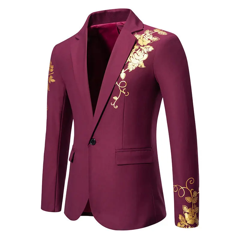 Metal-printed Men's Long-sleeved Suit Jacket, White V-neck Blazers, Wine Red Wedding Party Performance Coat.European Sizes M-3XL - Image 5