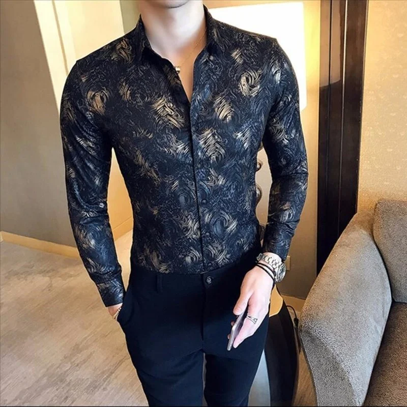 Metallic Gold Shirt Men 2017 Autumn Printed Gold White Shirt Slim Fit Men Dress Shirt Party Wedding Club Shirt Camisa Masculina - Image 2