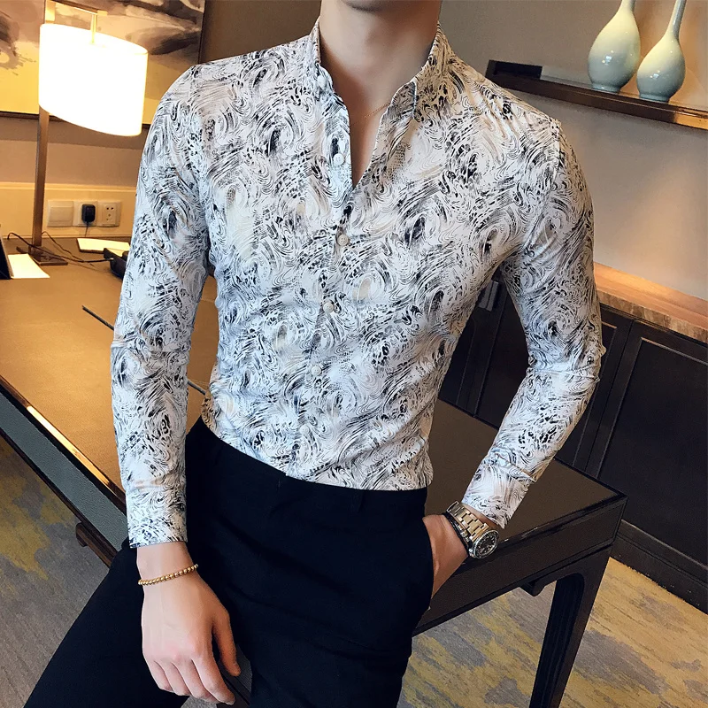 Metallic Gold Shirt Men 2017 Autumn Printed Gold White Shirt Slim Fit Men Dress Shirt Party Wedding Club Shirt Camisa Masculina - Image 8