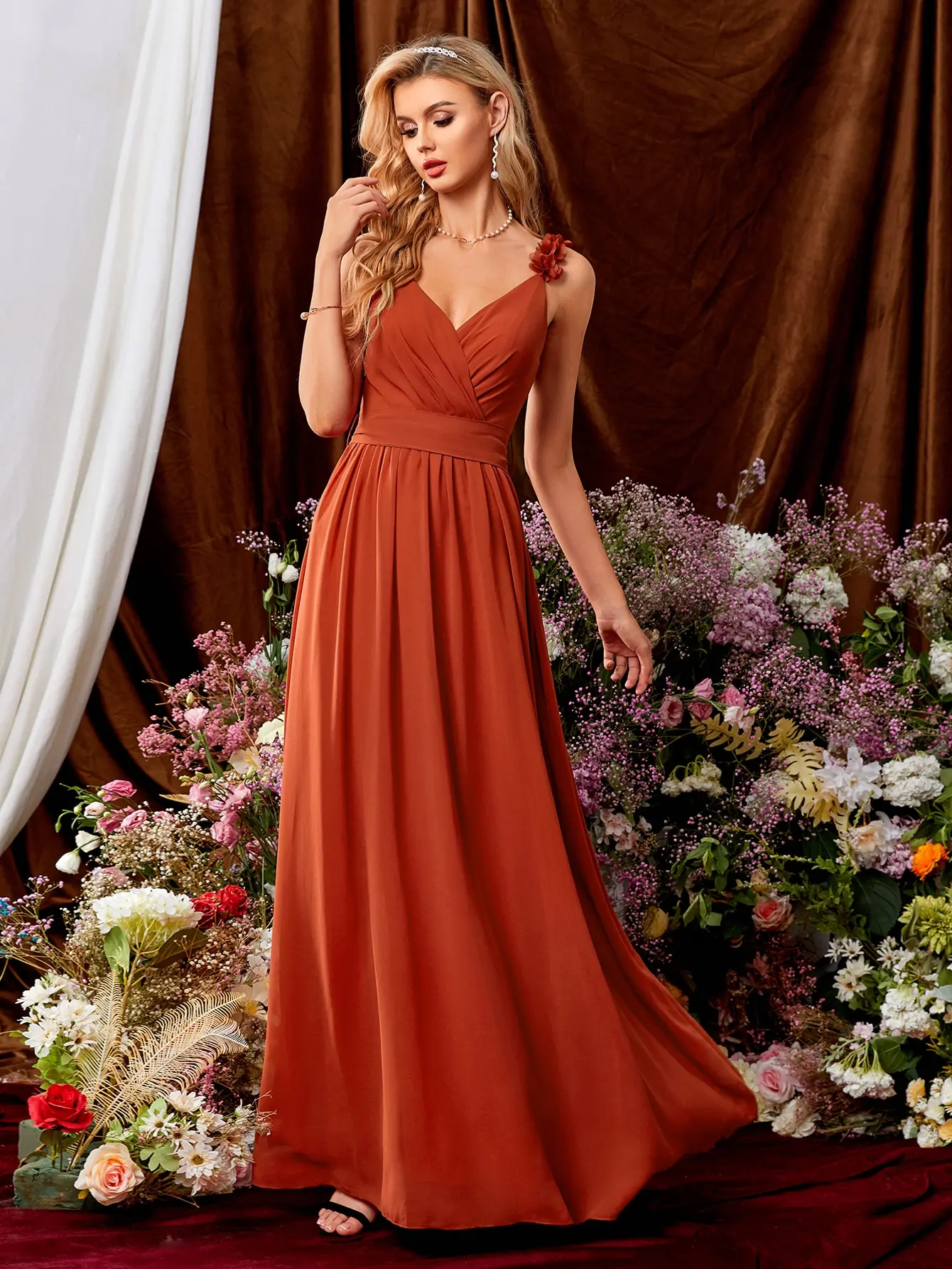 Mgiacy V-neck backless cross pleated three-dimensional flower elegant evening gown ball dress Party dress Bridesmaid dress - Image 6