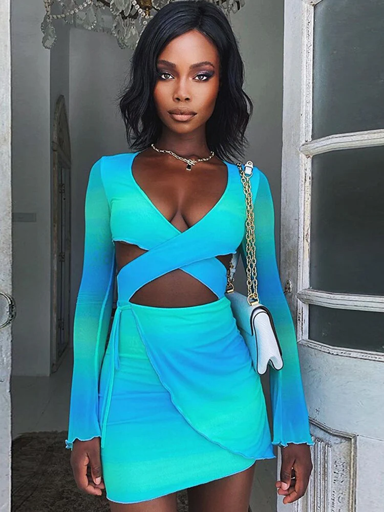 MHCMBSBS Sexy Tie Dye Bodycon Mini Dress Women Hollow Out Long Sleeve Mesh Skinny Club Outfits Summer 2022 Beach Party Sundress - Image 5