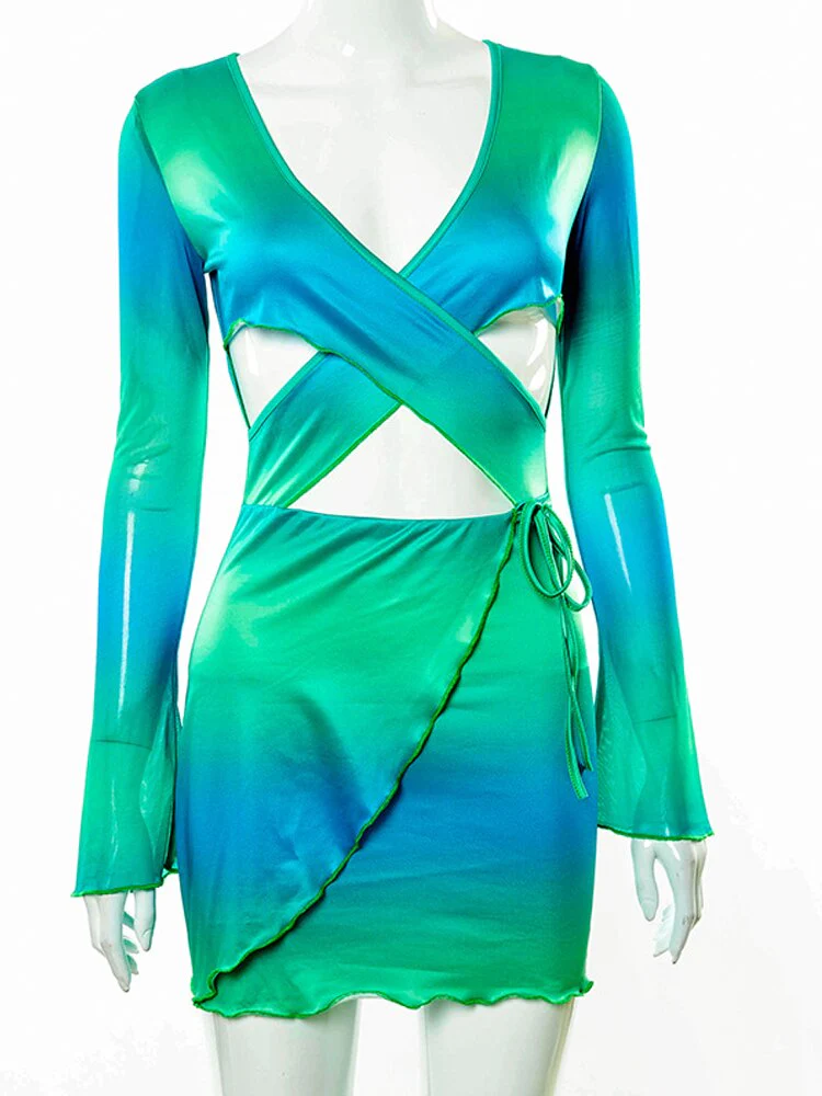 MHCMBSBS Sexy Tie Dye Bodycon Mini Dress Women Hollow Out Long Sleeve Mesh Skinny Club Outfits Summer 2022 Beach Party Sundress - Image 6