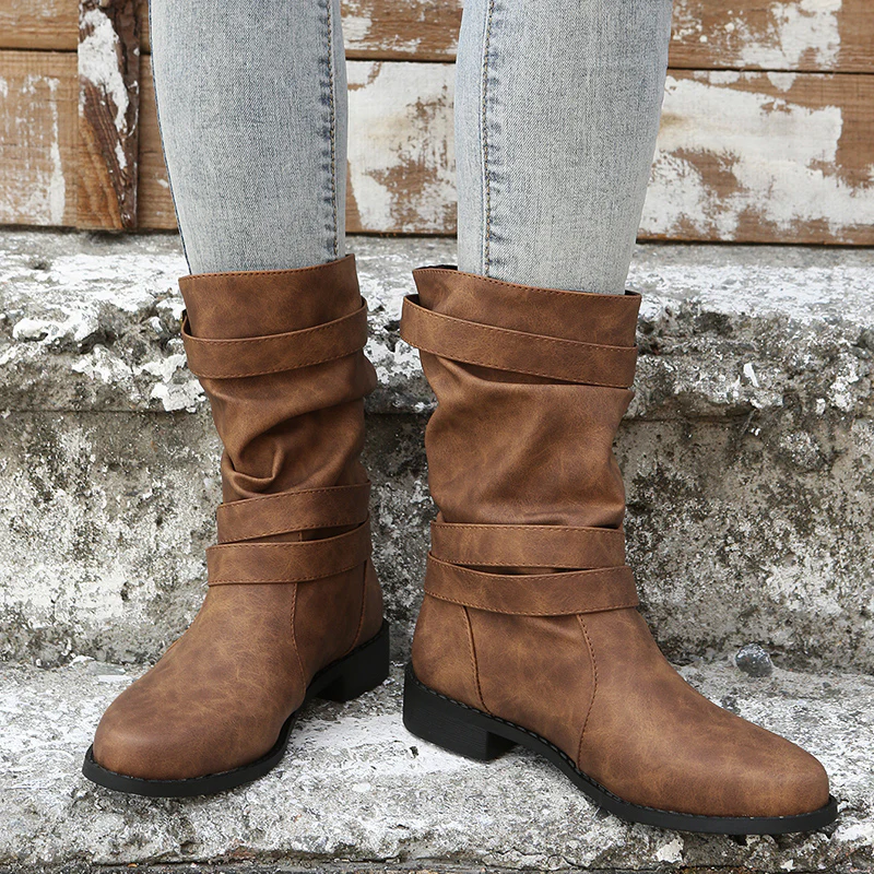 Mid Calf Ruched Buckle Solid Color Retro Western Short Boots For Women Cowboy Boots - Image 3
