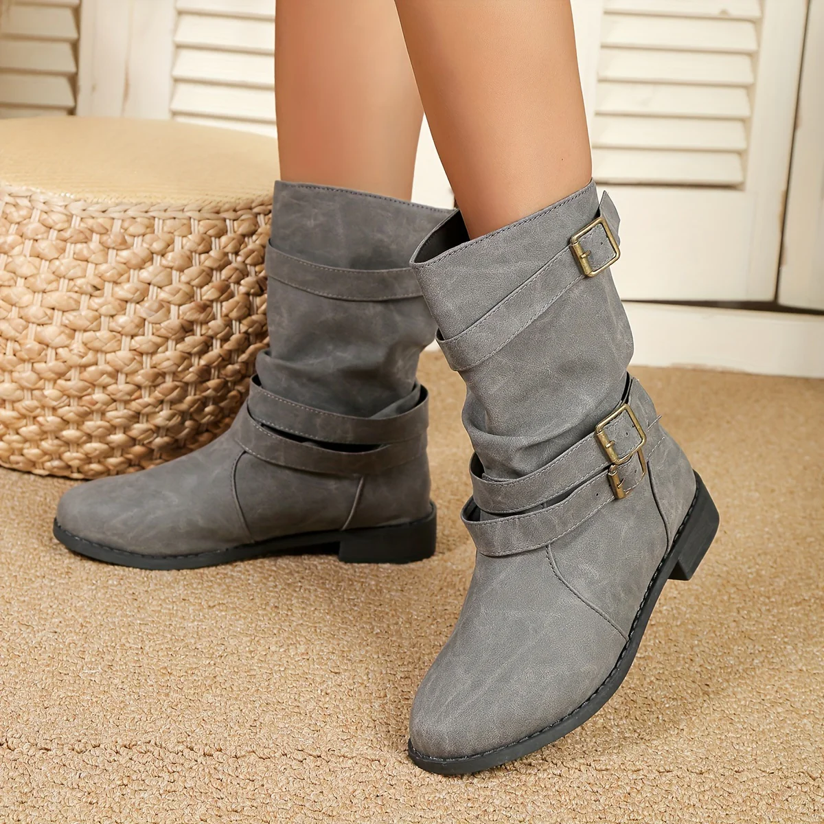 Mid Calf Ruched Buckle Solid Color Retro Western Short Boots For Women Cowboy Boots - Image 6