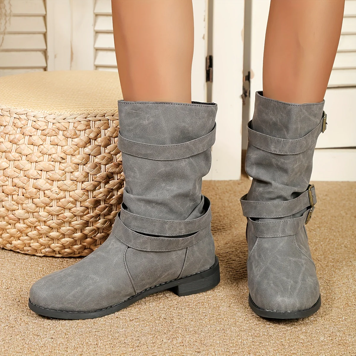 Mid Calf Ruched Buckle Solid Color Retro Western Short Boots For Women Cowboy Boots - Image 7