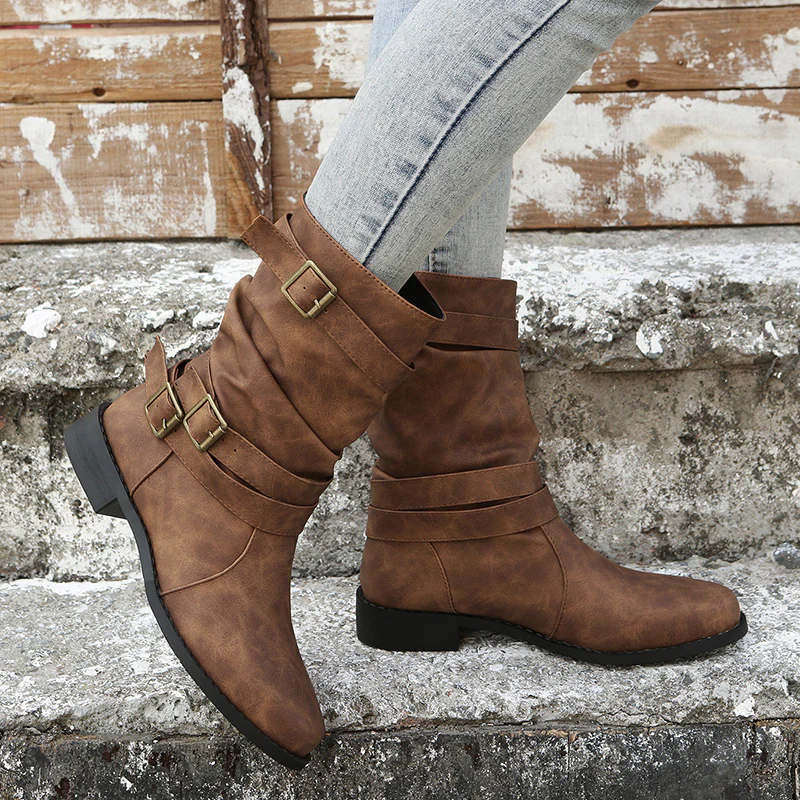 Mid Calf Ruched Buckle Solid Color Retro Western Short Boots For Women Cowboy Boots - Image 9