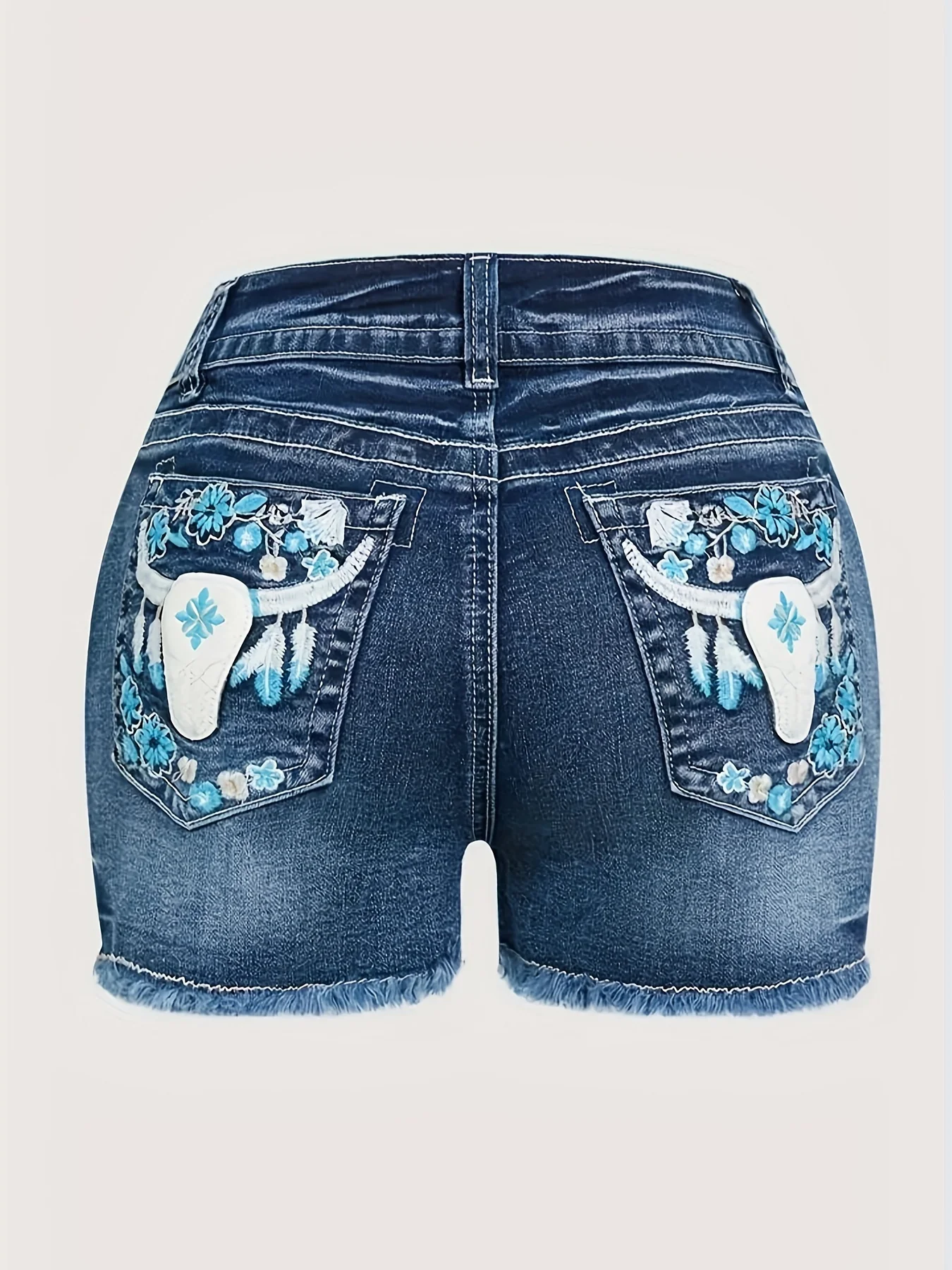 Mid Waist Skinny Fit Embroidered Denim Shorts - Casual Summer Fashion with Frayed Hem, Pocket Detailing, and Slight Stretch Fabric - Perfect for Spring and Summer Seasons - Image 4