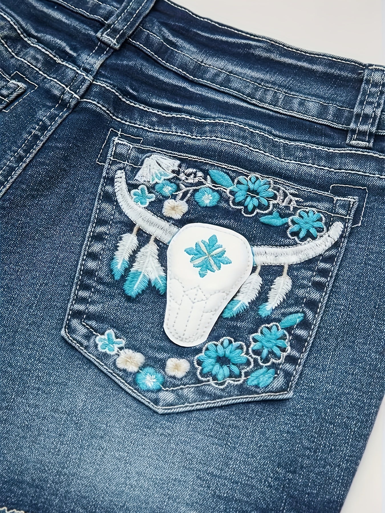 Mid Waist Skinny Fit Embroidered Denim Shorts - Casual Summer Fashion with Frayed Hem, Pocket Detailing, and Slight Stretch Fabric - Perfect for Spring and Summer Seasons - Image 6