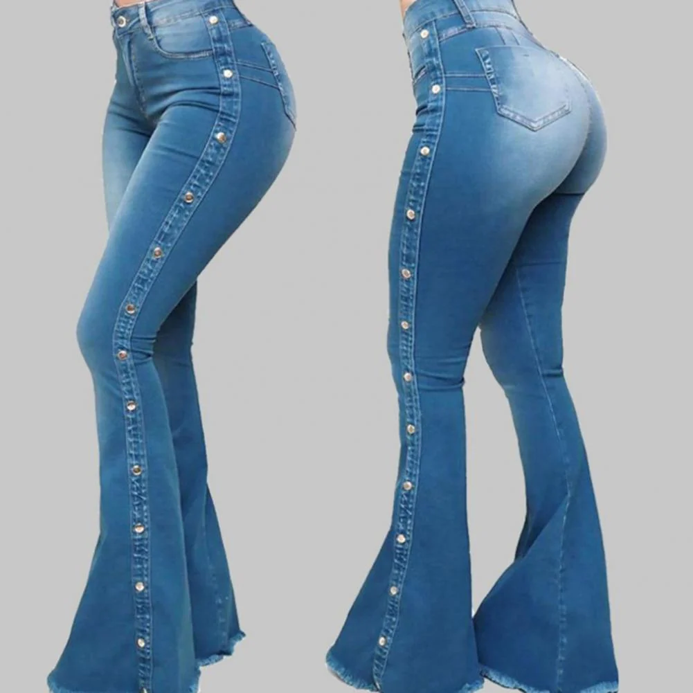 Mid Waisted Stretch Flare Jeans Women Denim Pants Wide Leg Butt-lifted Casual Korean Style Skinny Bell Bottom Pocket Trousers - Image 11