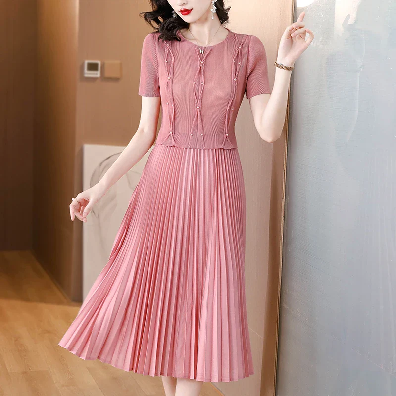 Mike Pleated Magic Dress2023 New Fashion O-Neck Printed Waist Wrapping Show Slim Temperament Celebrity Magic Dress