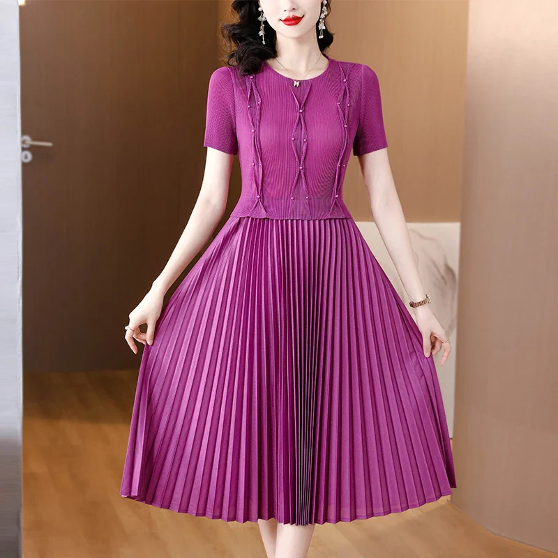 Mike Pleated Magic Dress2023 New Fashion O-Neck Printed Waist Wrapping Show Slim Temperament Celebrity Magic Dress - Image 2