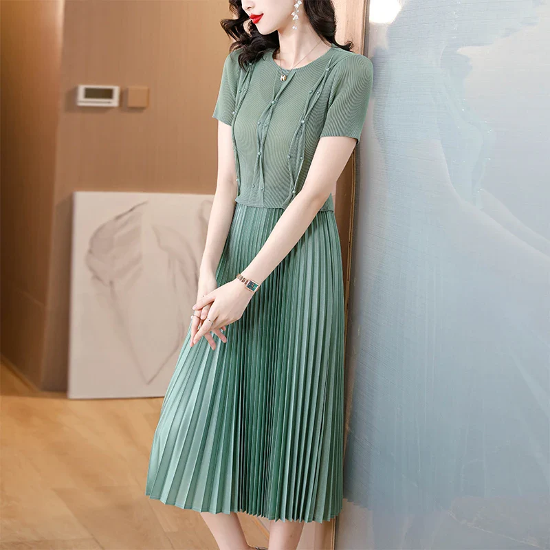 Mike Pleated Magic Dress2023 New Fashion O-Neck Printed Waist Wrapping Show Slim Temperament Celebrity Magic Dress - Image 4