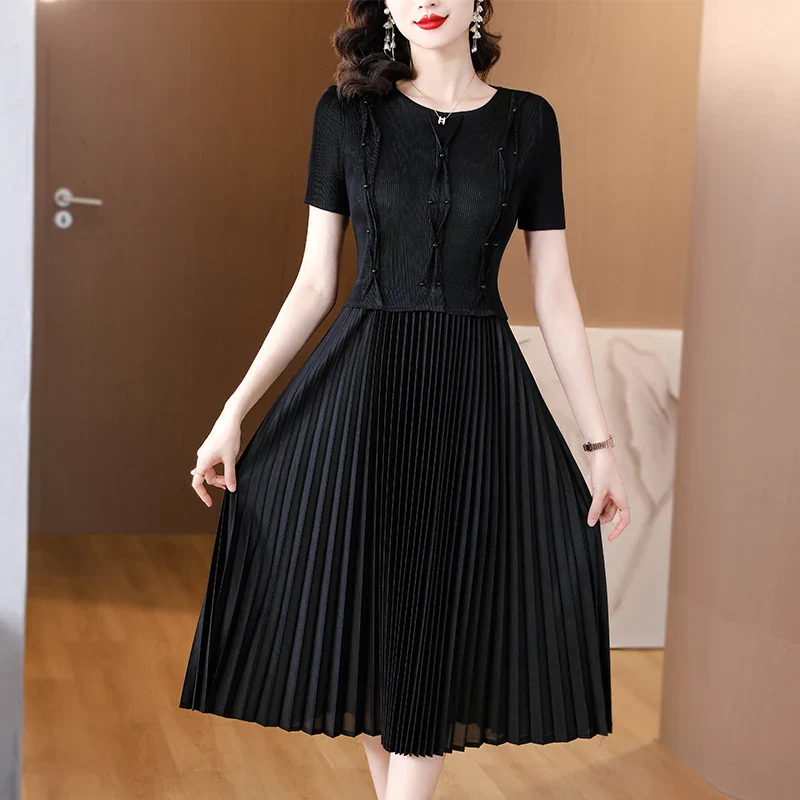 Mike Pleated Magic Dress2023 New Fashion O-Neck Printed Waist Wrapping Show Slim Temperament Celebrity Magic Dress - Image 5