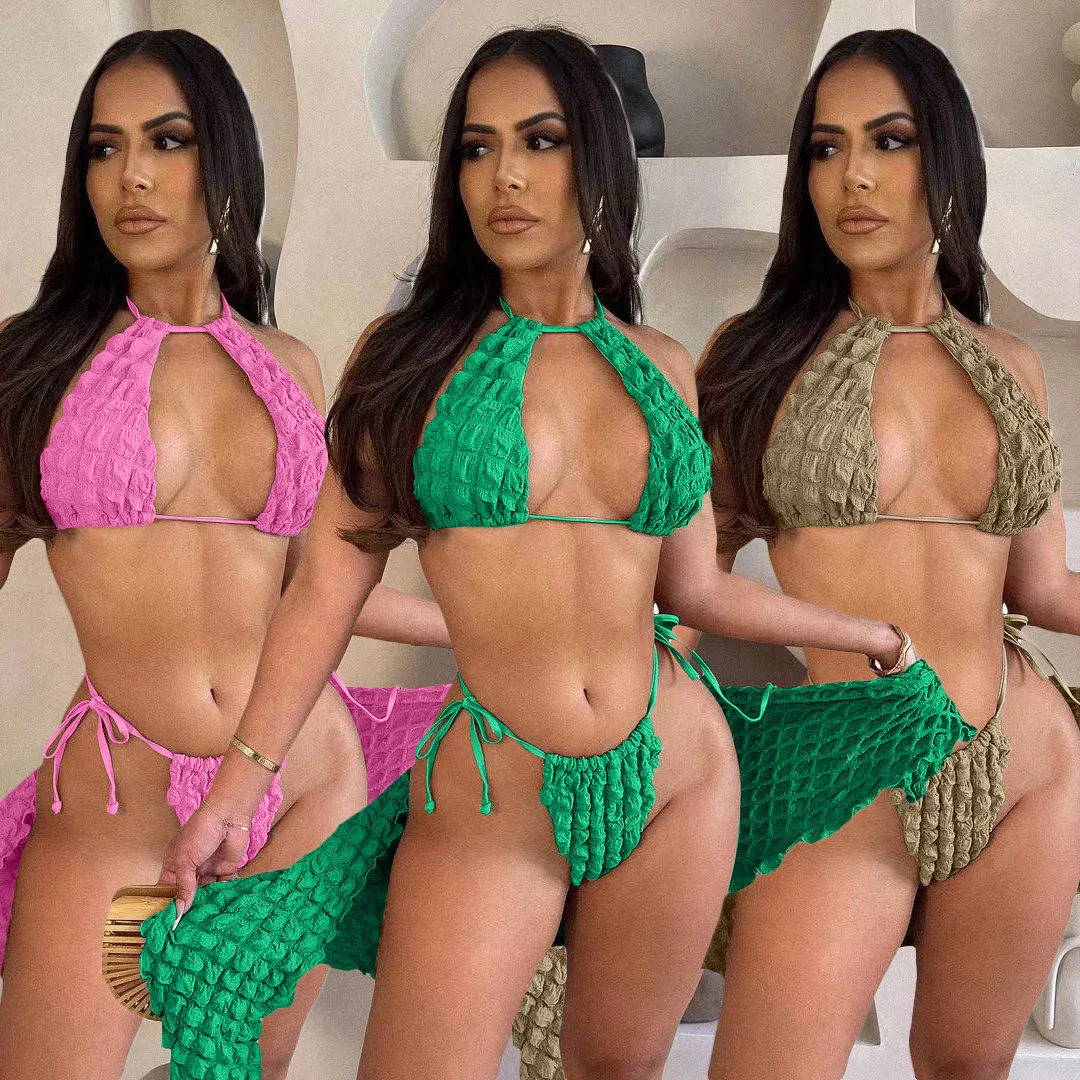 Mini Bubble Dress 2 Piece Skirt Sets Sexy Crop Bikini Tops Outfits 2023 Summer  Chic Cute Popcorn 3 Piece Swimsuit Set