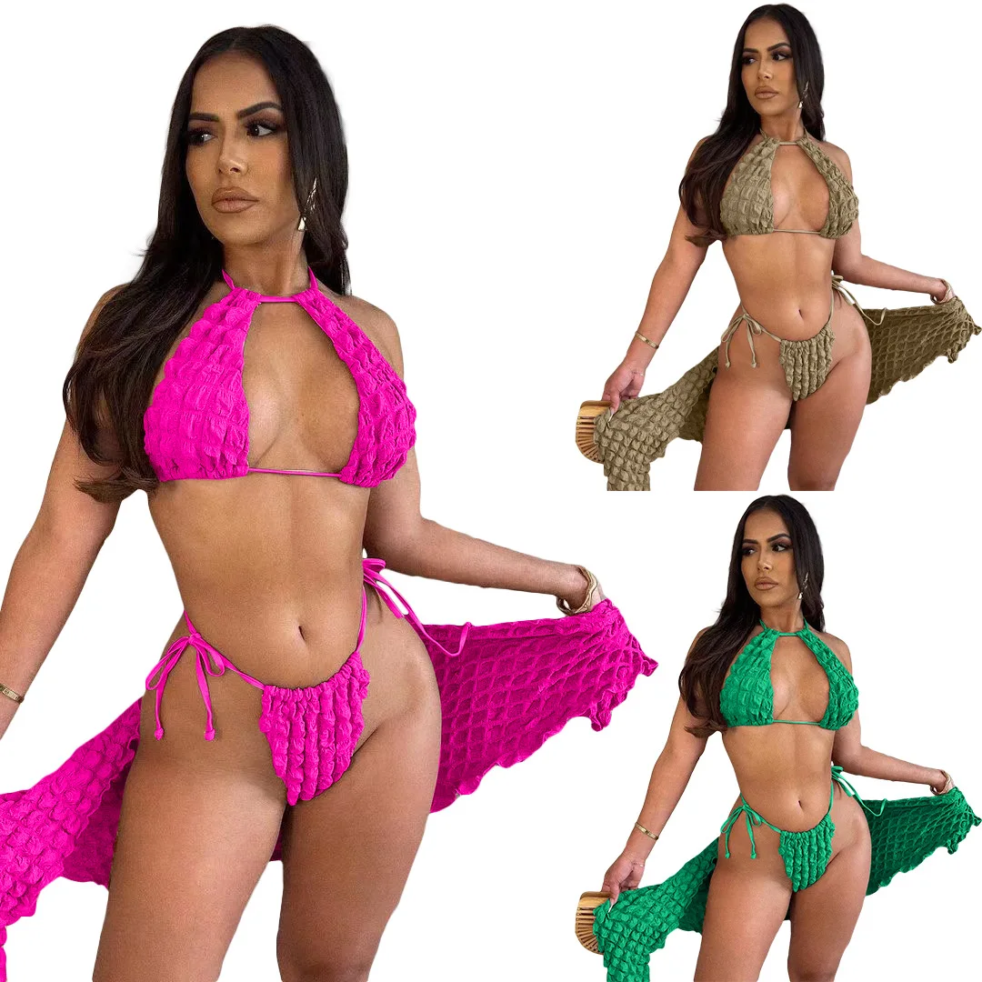 Mini Bubble Dress 2 Piece Skirt Sets Sexy Crop Bikini Tops Outfits 2023 Summer  Chic Cute Popcorn 3 Piece Swimsuit Set - Image 6