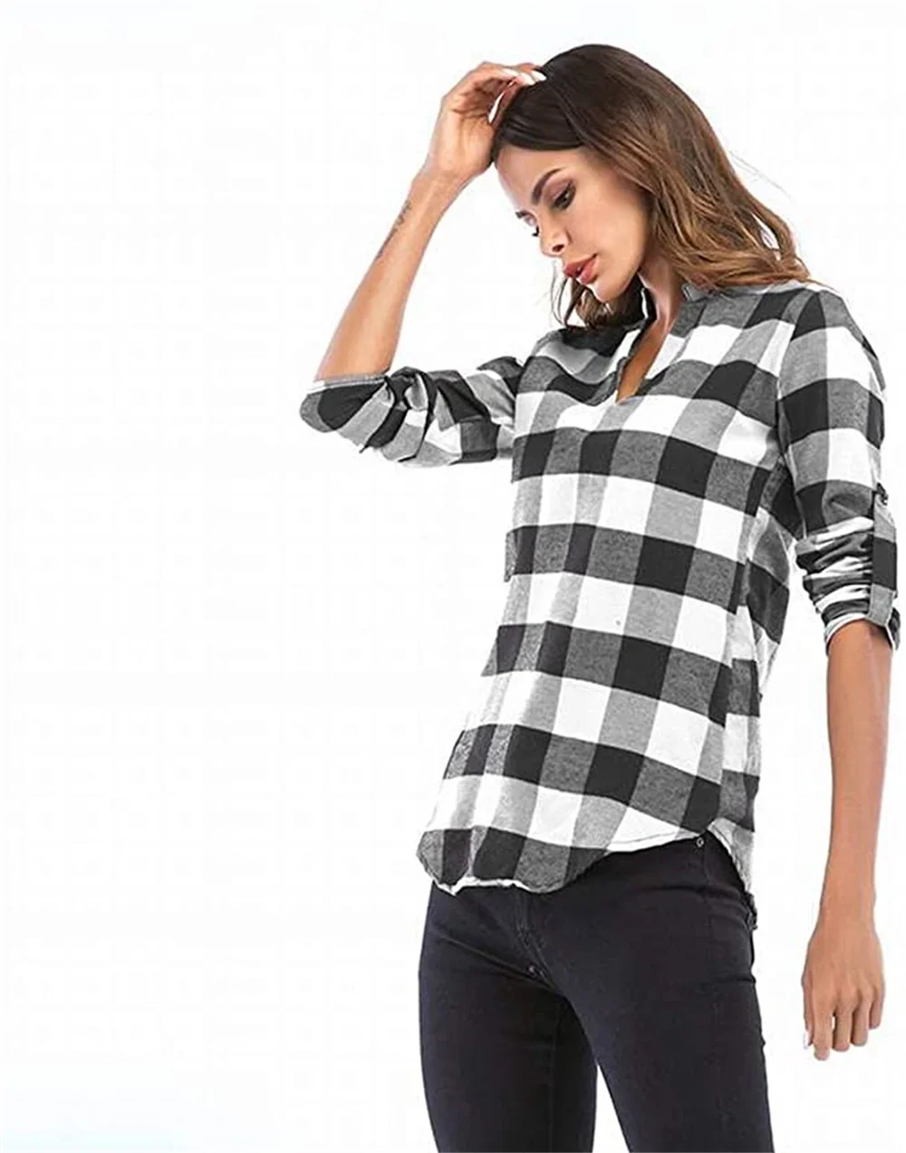 MisShow 5XL Women's Plaid Shirts Casual Notch V Neck Blouse Cuffed Long Sleeve Pullover Soft Tunic Shirt Camisas Beach Sun Tops - Image 2
