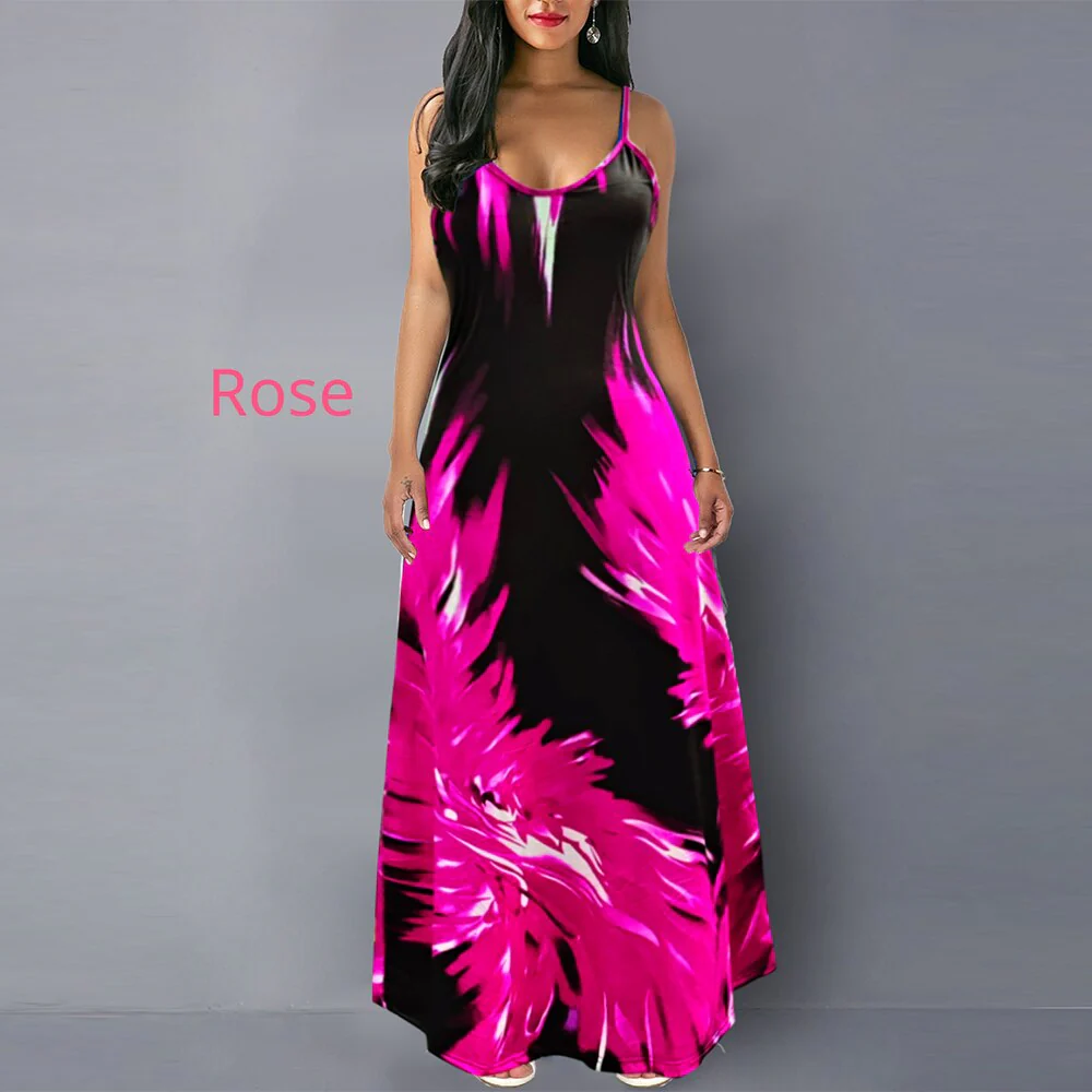 MISSJOY Woman Dress Sleeveless V-neck Off Sholuder Printed Sling Loose Elegant Gradient Color Party Beach Big Swing Dress - Image 11