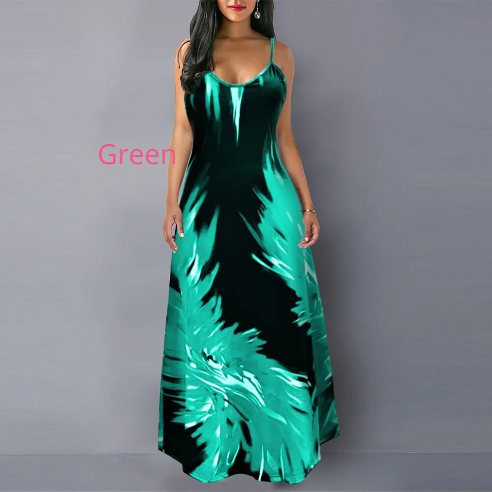 MISSJOY Woman Dress Sleeveless V-neck Off Sholuder Printed Sling Loose Elegant Gradient Color Party Beach Big Swing Dress - Image 12