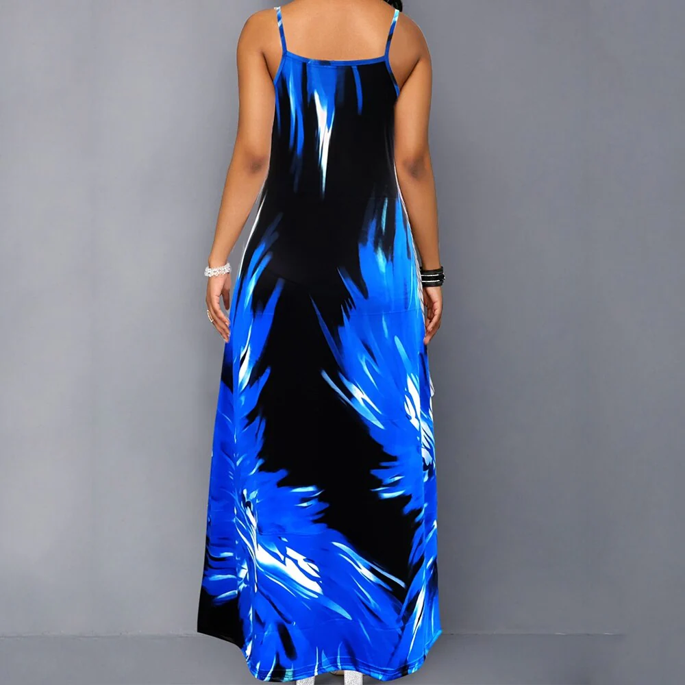 MISSJOY Woman Dress Sleeveless V-neck Off Sholuder Printed Sling Loose Elegant Gradient Color Party Beach Big Swing Dress - Image 16