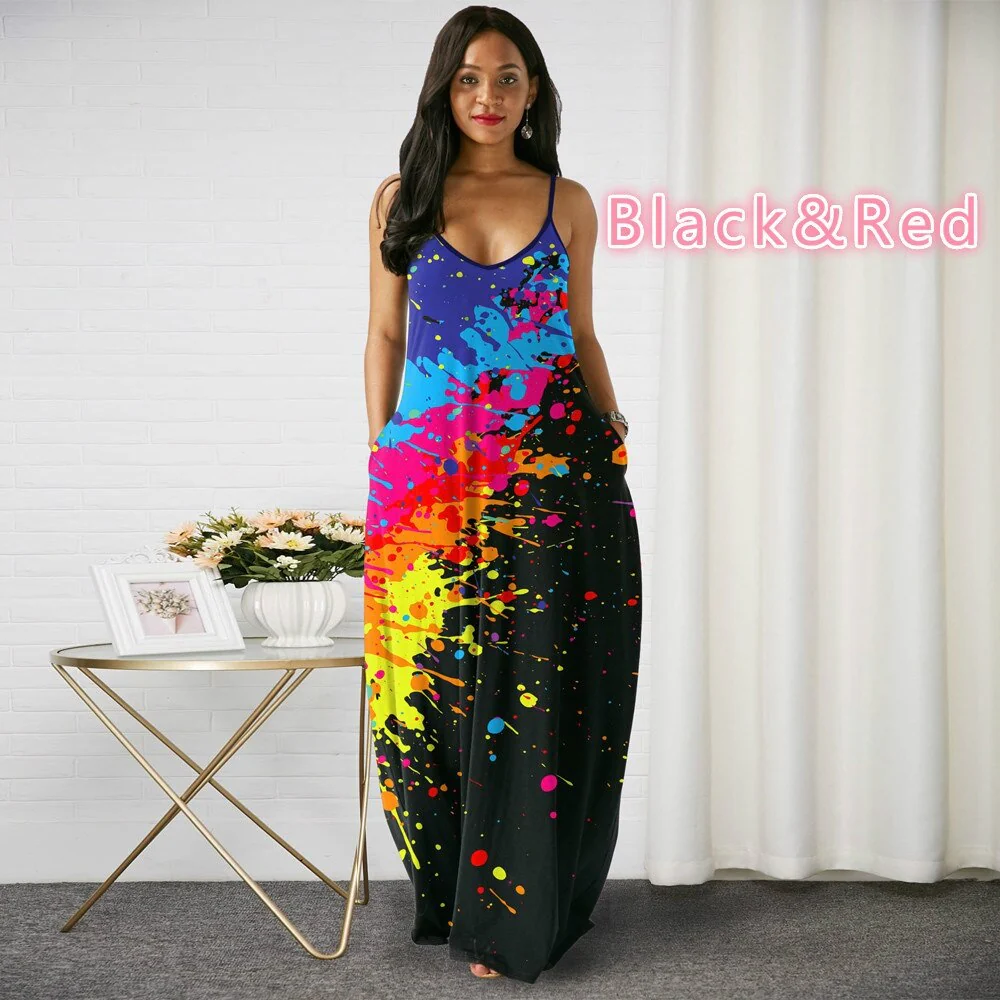 MISSJOY Woman Dress Sleeveless V-neck Off Sholuder Printed Sling Loose Elegant Gradient Color Party Beach Big Swing Dress - Image 5