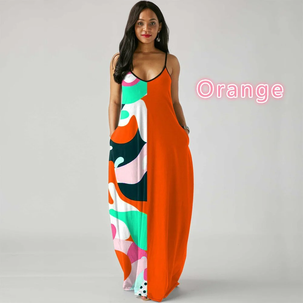 MISSJOY Woman Dress Sleeveless V-neck Off Sholuder Printed Sling Loose Elegant Gradient Color Party Beach Big Swing Dress - Image 6