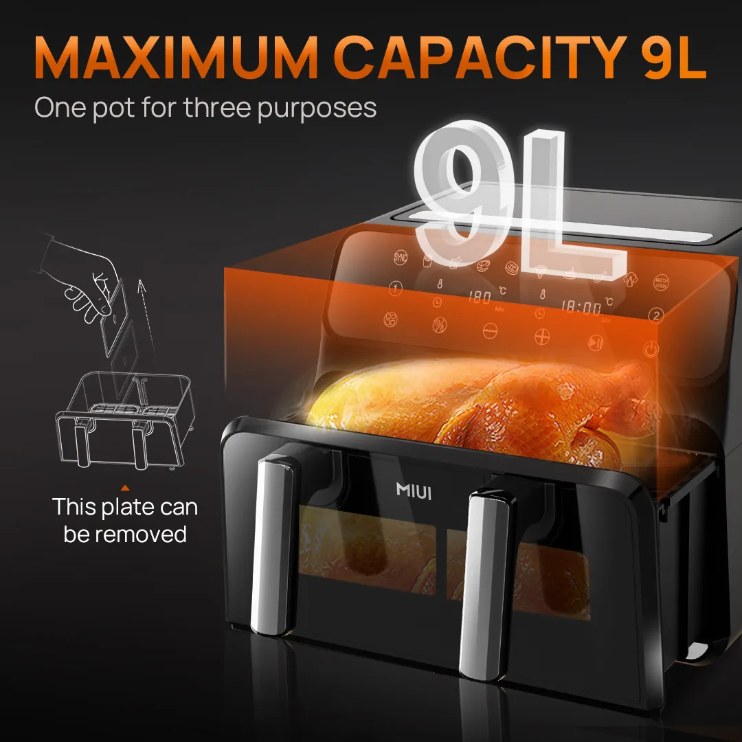MIUI Smart Air Fryer with Two Baskets Dual Screen Touch Control No-Oil Hot Air Oven 4.5L/9L Electric Deep Fryer Viewable Window - Image 3