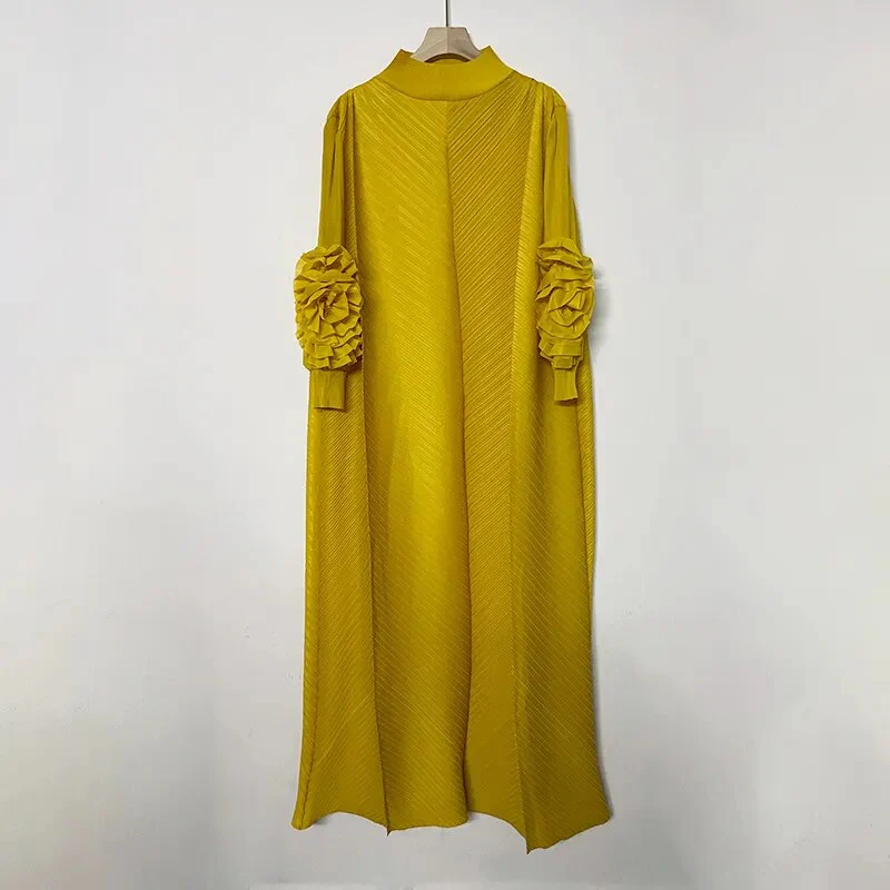 Miyake Pleated Maxi Long Dress 2023 Summer New Ruffles Mesh Petal Sleeve Half Turtleneck Formal Dresses for Women Hot Sales - Image 11