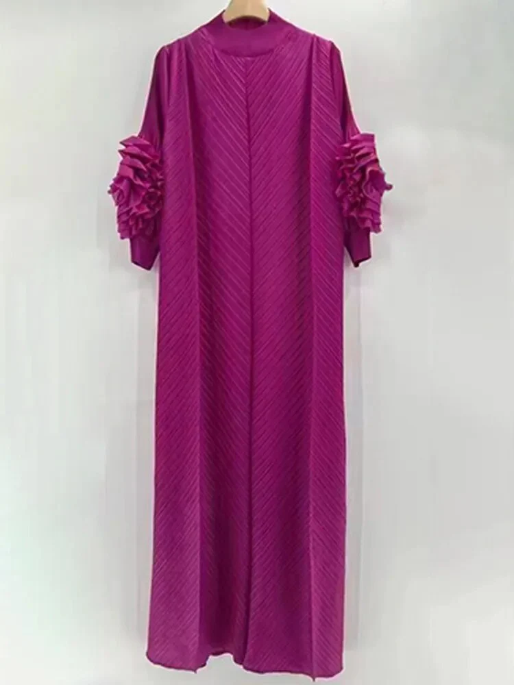 Miyake Pleated Maxi Long Dress 2023 Summer New Ruffles Mesh Petal Sleeve Half Turtleneck Formal Dresses for Women Hot Sales - Image 12