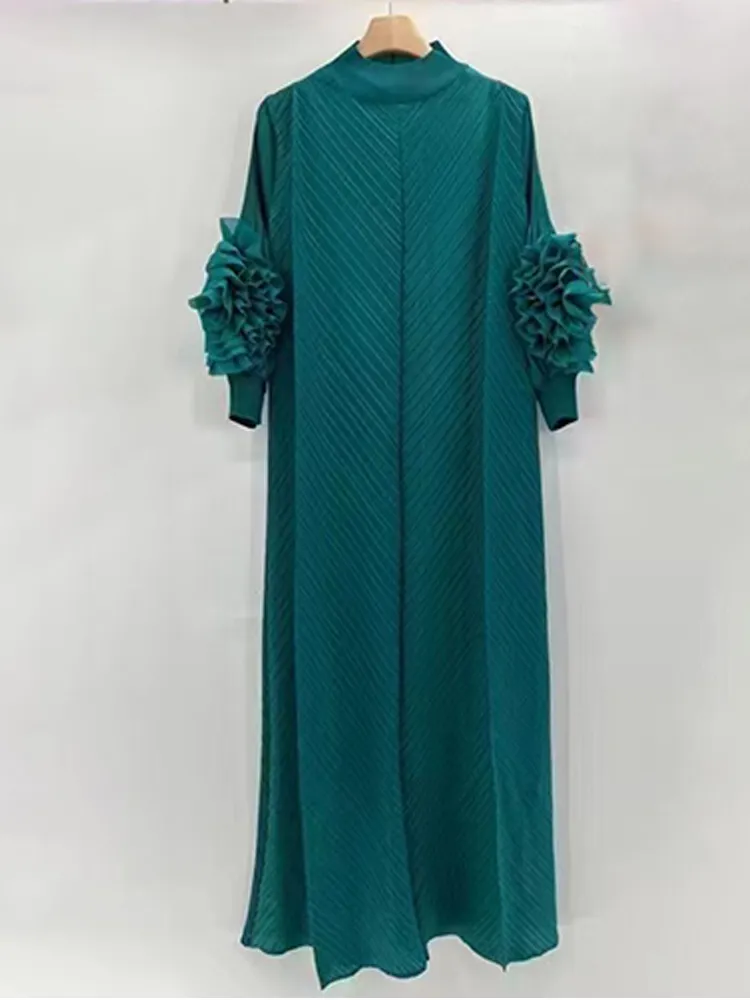 Miyake Pleated Maxi Long Dress 2023 Summer New Ruffles Mesh Petal Sleeve Half Turtleneck Formal Dresses for Women Hot Sales - Image 14