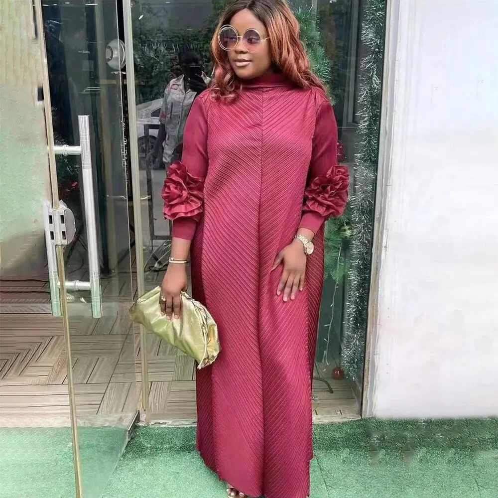 Miyake Pleated Maxi Long Dress 2023 Summer New Ruffles Mesh Petal Sleeve Half Turtleneck Formal Dresses for Women Hot Sales - Image 5