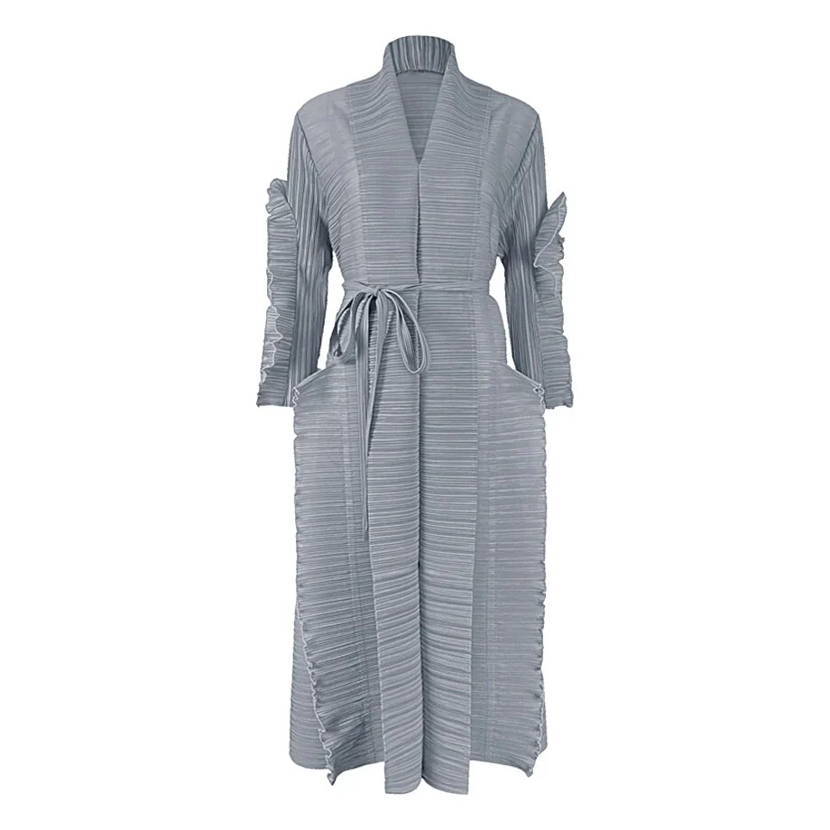 Miyake Pleated Petal Sleeve Dress Lapel Cardigan Sashes High Fashion Loose Long Dresses Fall 2022 Winter Women Designer Clothes - Image 10