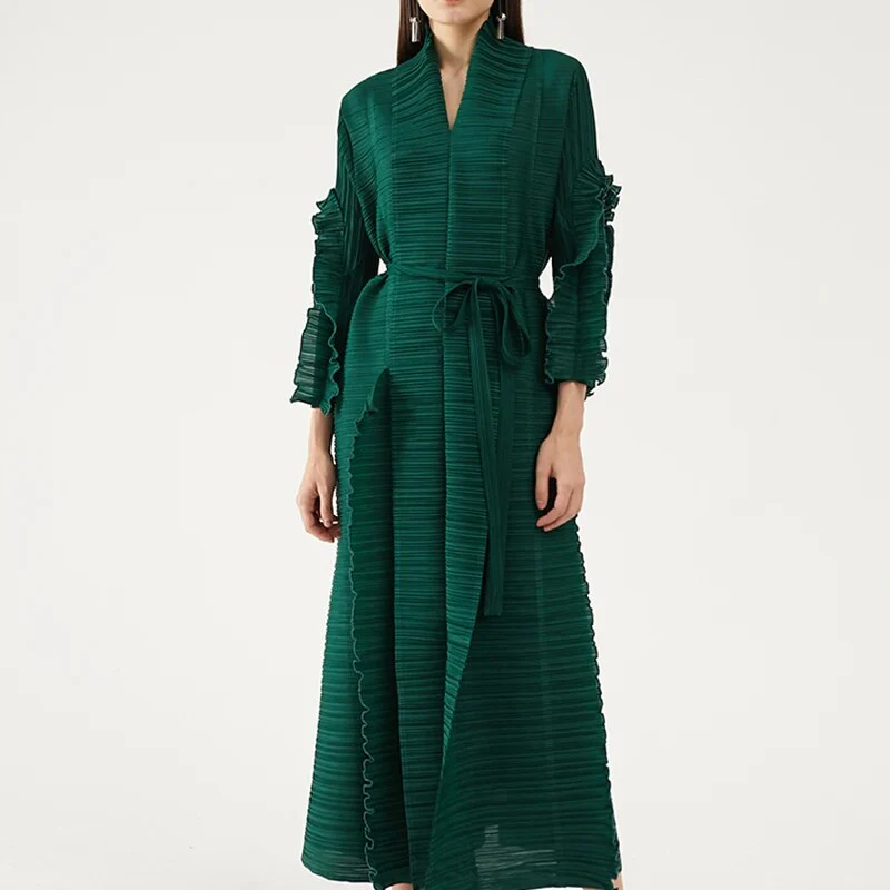 Miyake Pleated Petal Sleeve Dress Lapel Cardigan Sashes High Fashion Loose Long Dresses Fall 2022 Winter Women Designer Clothes - Image 11