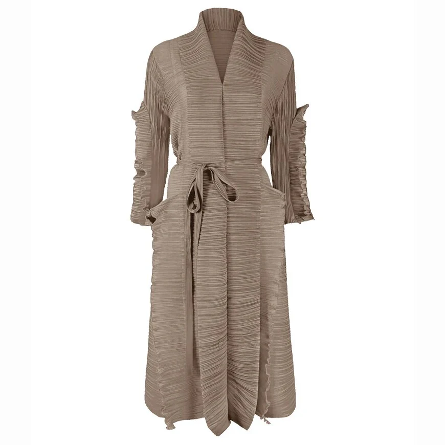 Miyake Pleated Petal Sleeve Dress Lapel Cardigan Sashes High Fashion Loose Long Dresses Fall 2022 Winter Women Designer Clothes - Image 12