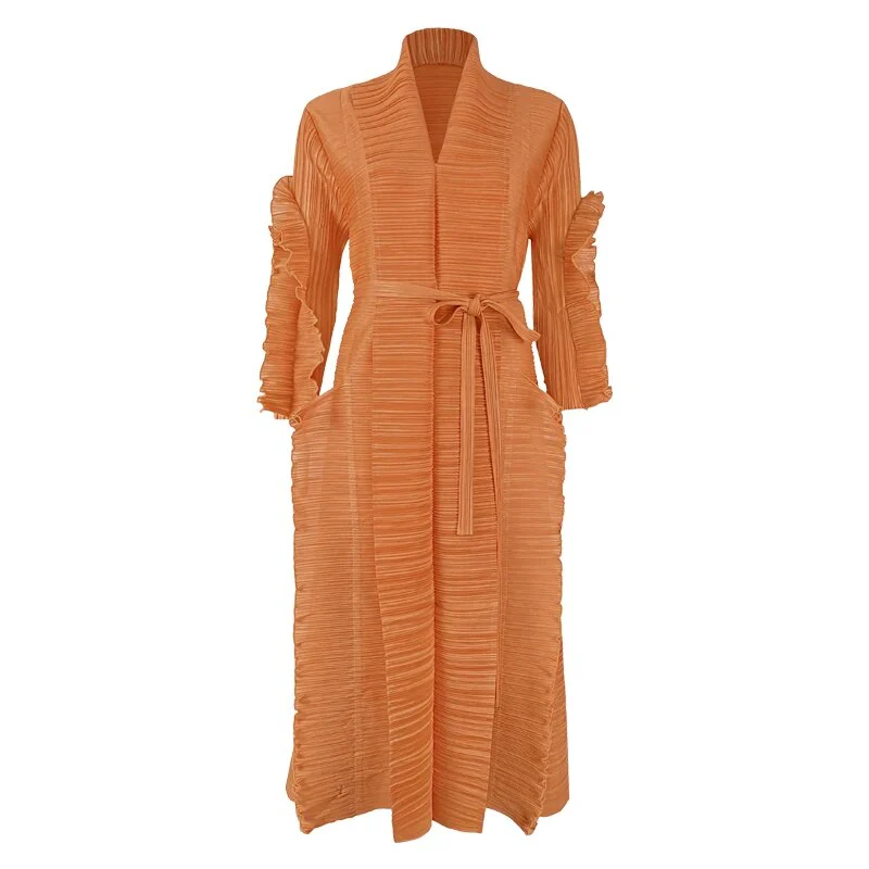 Miyake Pleated Petal Sleeve Dress Lapel Cardigan Sashes High Fashion Loose Long Dresses Fall 2022 Winter Women Designer Clothes - Image 13