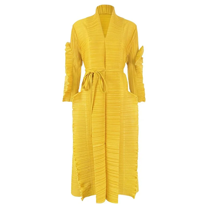 Miyake Pleated Petal Sleeve Dress Lapel Cardigan Sashes High Fashion Loose Long Dresses Fall 2022 Winter Women Designer Clothes - Image 14
